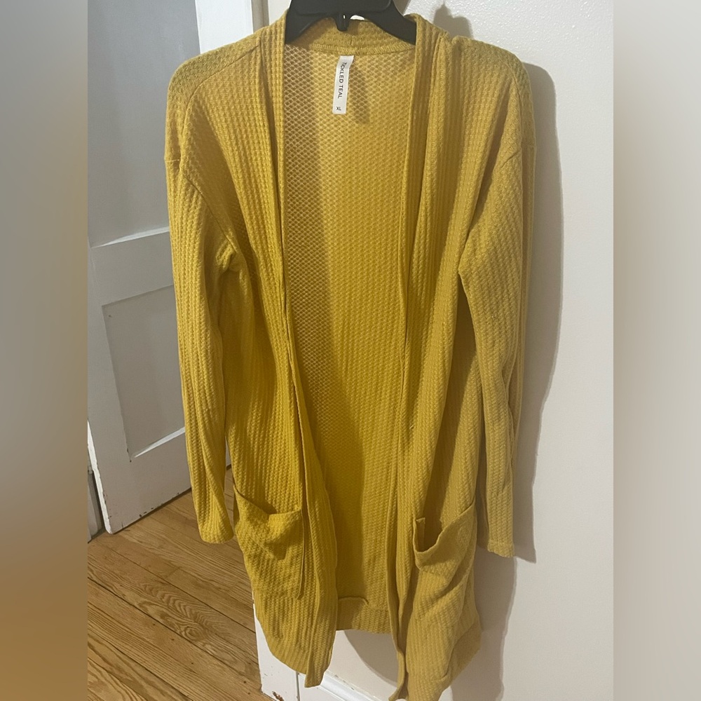 Tickled Teal Mustard Open-Front Cardigan